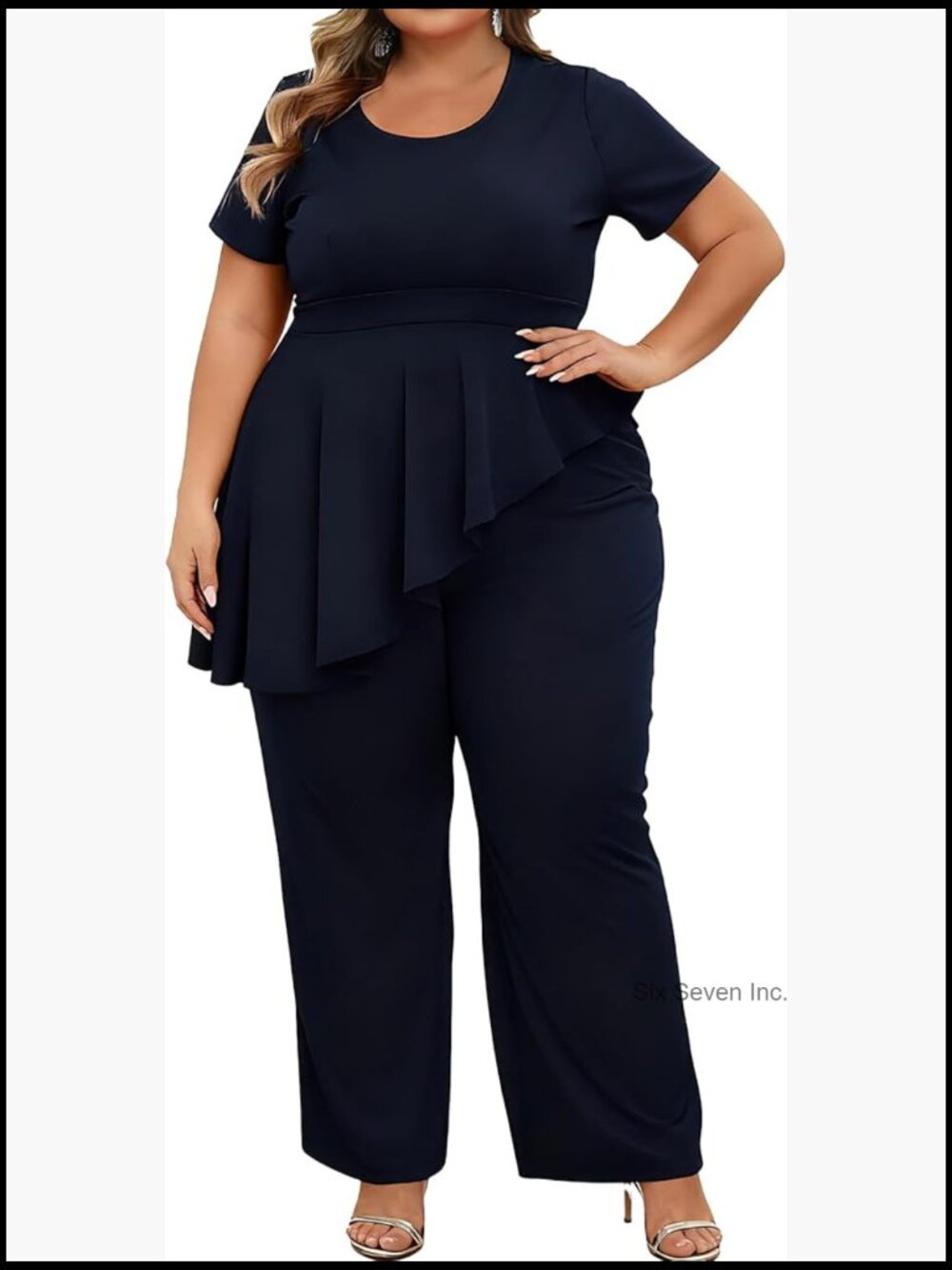 Plus Size 2 Piece Peplum Top and Wide Leg Pants Suit Set for Women